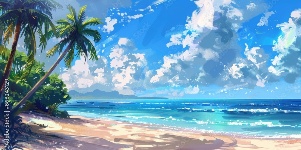 Fototapeta premium Beach sky sea vacation palm trees, illustration.