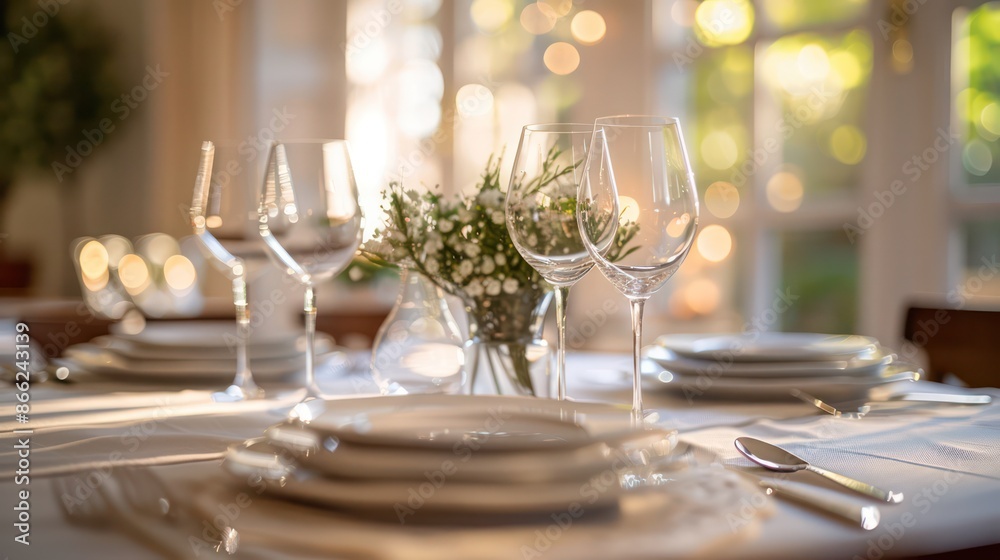 A table with a vase of flowers and wine glasses A table with a vase of flowers and wine glasses