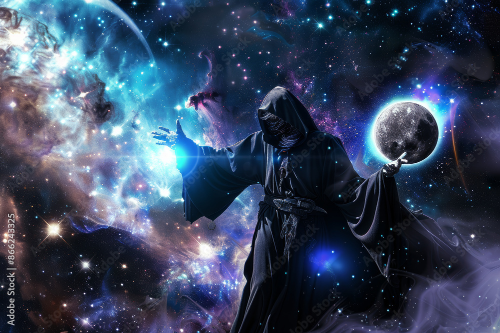 Hooded Sorcerer in Mysterious Cosmic Space Casting Spell with Moon Hooded Sorcerer in Mysterious Cosmic Space Casting Spell with Moon