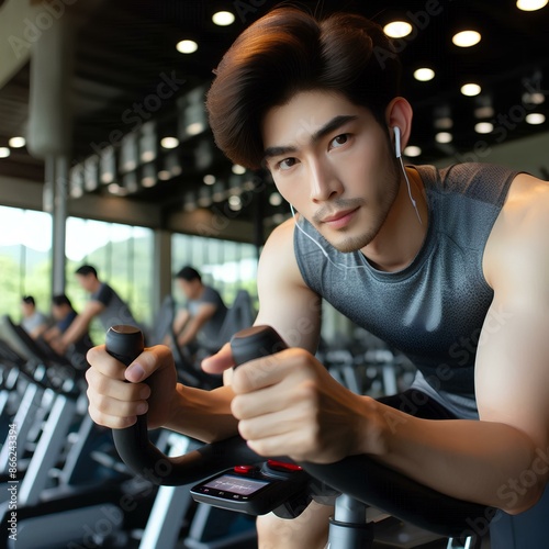 Portrait of a Young athletic man in sportswear doing cycling on exercise bikes at the gym.
