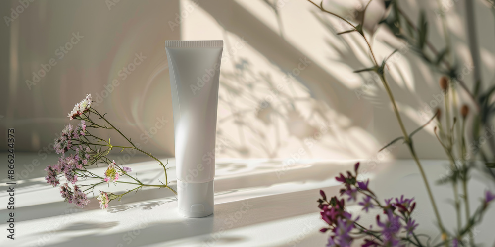 Blank White Tube of Cream with Flowers on Light Surface Blank White Tube of Cream with Flowers on Light Surface