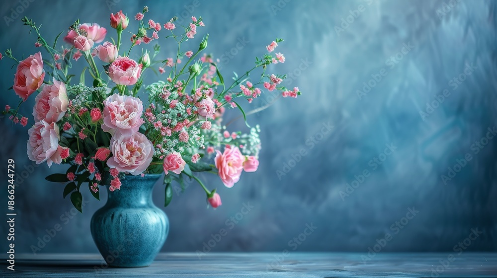 Pink roses bouquet in a blue vase against a teal wall background. Romantic flower arrangement for Valentine's Day, anniversary, birthday, Mother's Day or wedding. Pink roses bouquet in a blue vase against a teal wall background. Romantic flower arrangement for Valentine's Day, anniversary, birthday, Mother's Day or wedding.