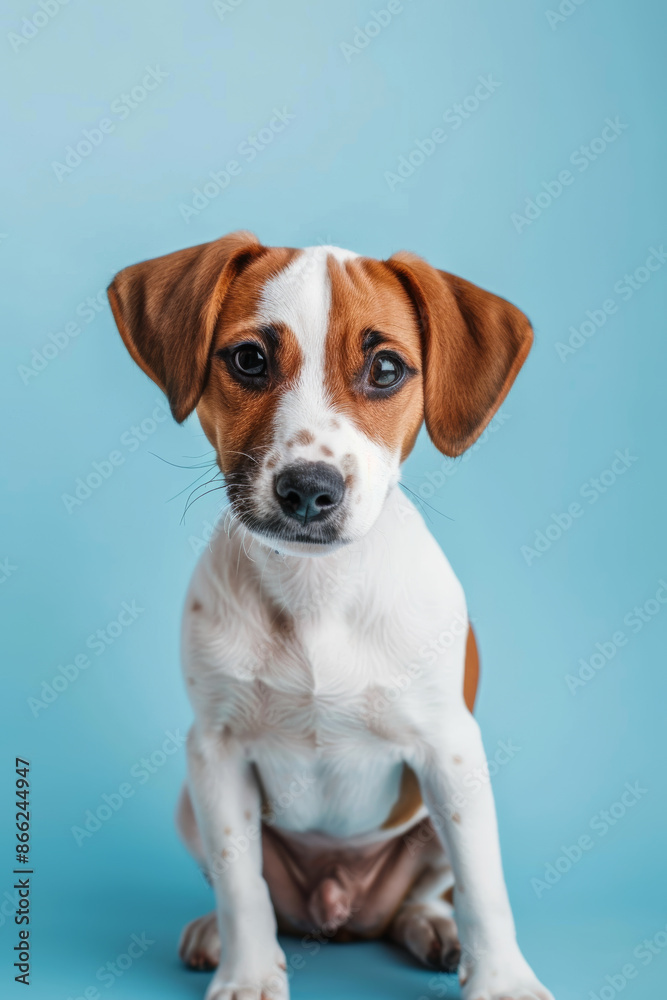 Adorable Puppy Sitting on Blue Background Cute Brown and White Dog Portrait Adorable Puppy Sitting on Blue Background Cute Brown and White Dog Portrait