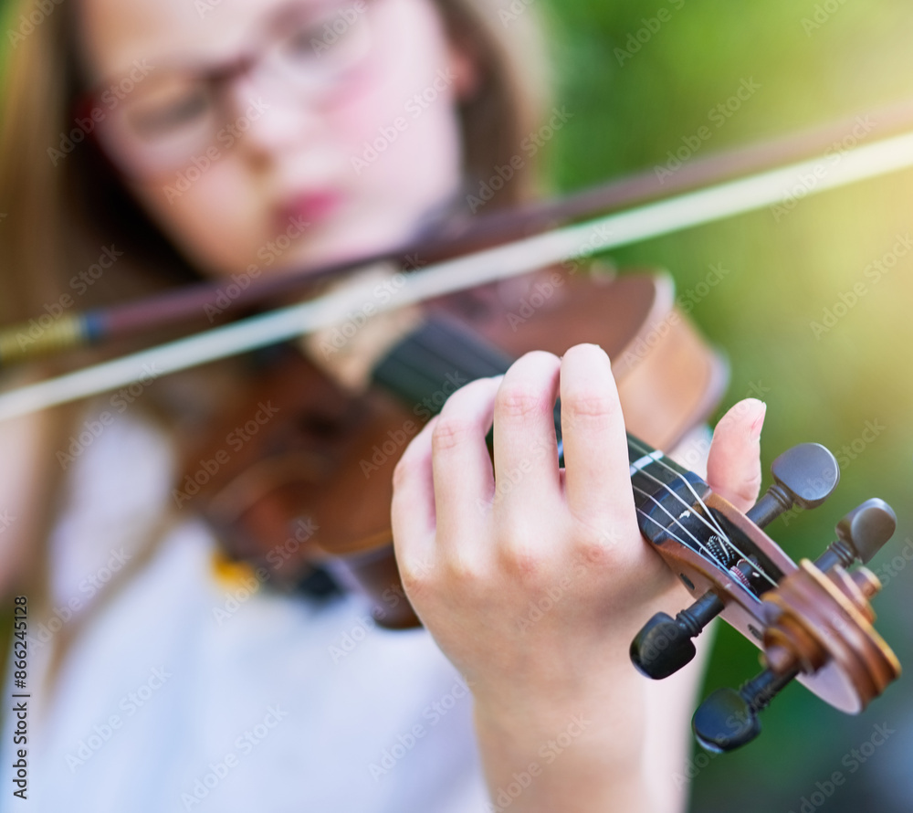 Hands, violin and child with instrument outdoor as youth musician, creative learning and string music for performance. Artist, girl and classical equipment for practice of artistic development Hands, violin and child with instrument outdoor as youth musician, creative learning and string music for performance. Artist, girl and classical equipment for practice of artistic development