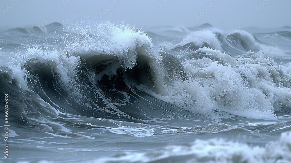 Massive waves crash and churn in a tempestuous sea. Foamy white crests contrast against steel-gray waters. Misty spray fills the air, creating a hazy atmosphere.