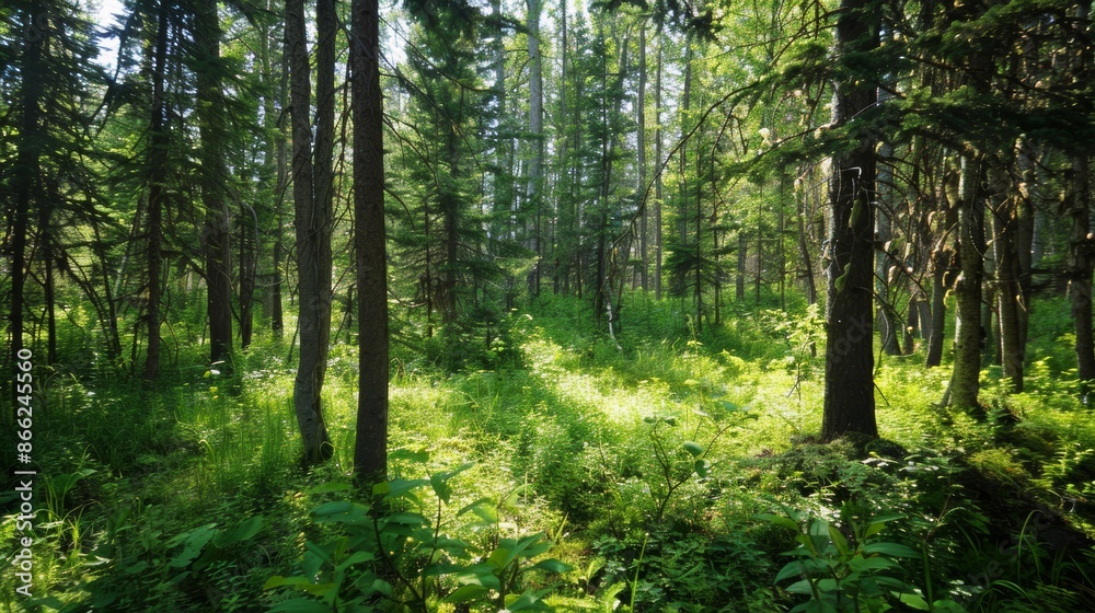 Sun-dappled forest scene with healthy green spruce, fir, and pine trees, and a lush undergrowth Sun-dappled forest scene with healthy green spruce, fir, and pine trees, and a lush undergrowth