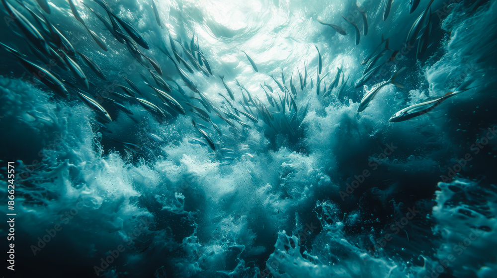 Obraz premium Close-up of a school of fish jumping out of the water. A large group of fish swims and frolics in the open sea on a sunny day. Nature concept.