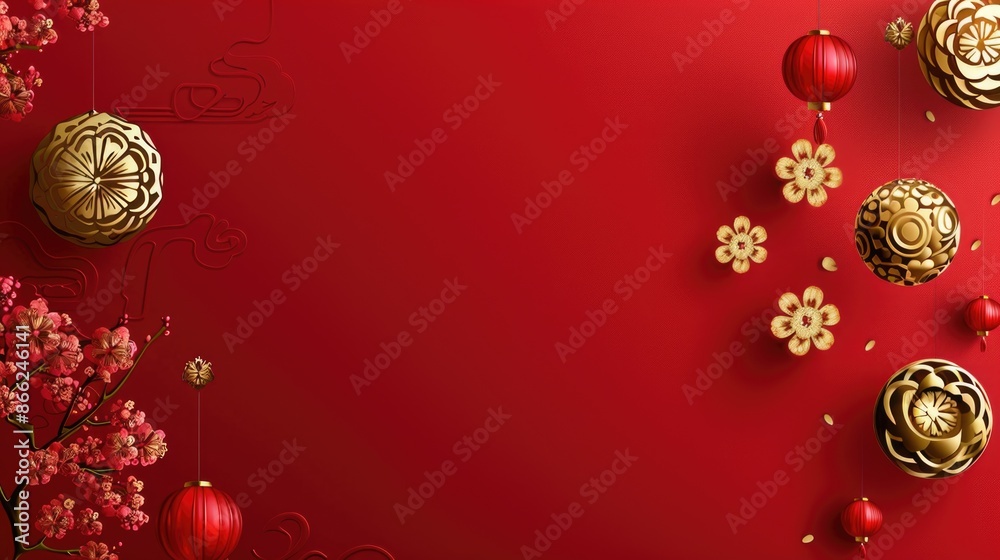 Beautiful minimalistic chinese new year illustration with golden elements on red background Beautiful minimalistic chinese new year illustration with golden elements on red background