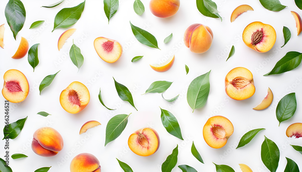 Composition of peaches, peach halves and slices with green leaves on a white background