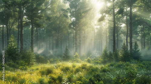 Sunlight filtering through a pine forest, with a soft mist rising from the forest floor.