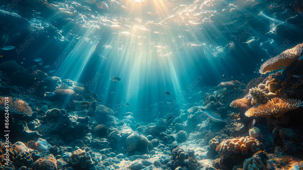 Fototapeta premium Schools of fish swim near coral reefs. A large group of sardines swim in the open sea. Nature and food concept.
