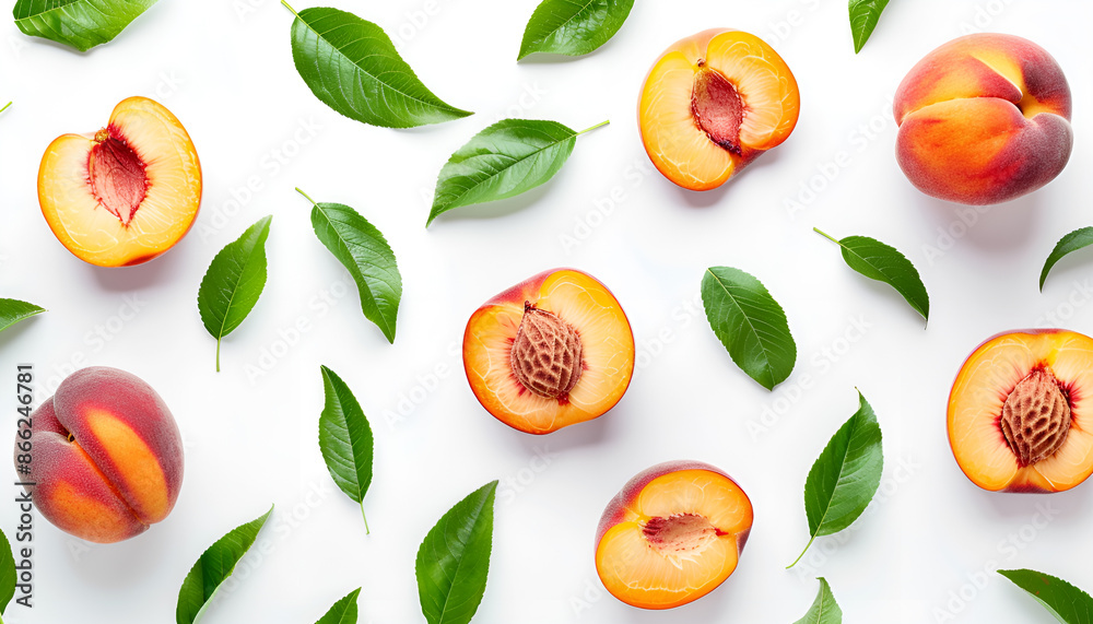 Composition of peaches, peach halves and slices with green leaves on a white background Composition of peaches, peach halves and slices with green leaves on a white background