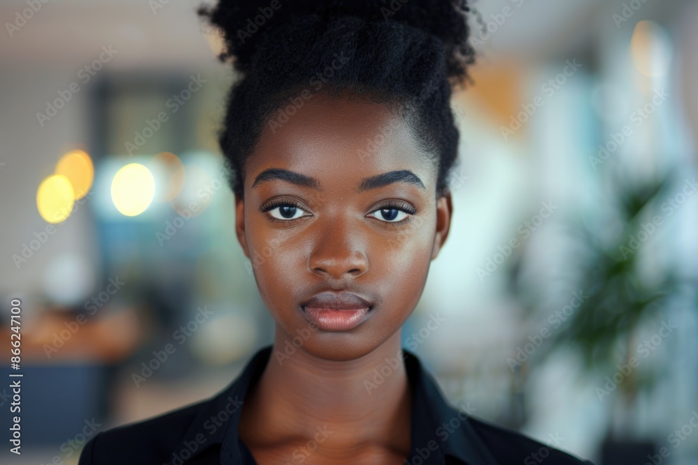 Looking At Camera. Closeup Portrait of Young Black Business Woman in Office. Success and Professionalism Looking At Camera. Closeup Portrait of Young Black Business Woman in Office. Success and Professionalism