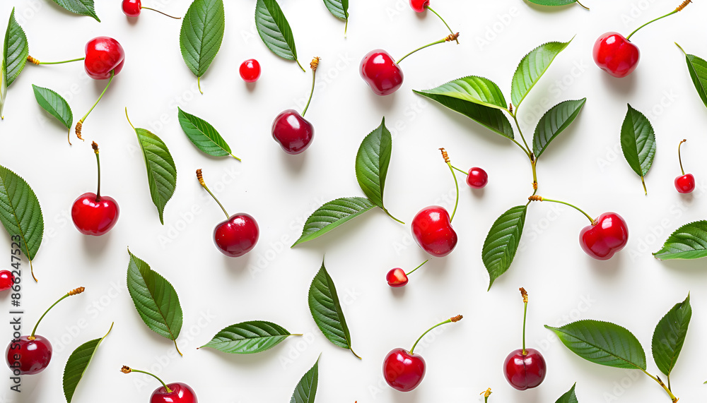 Cherry with leaves on white background