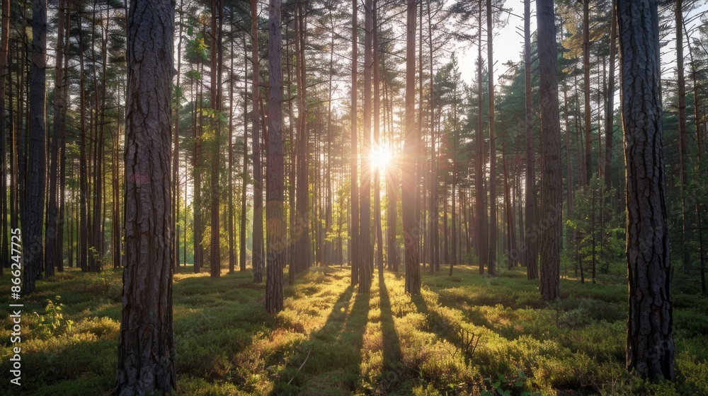 Fototapeta premium Sunlight shining through the branches of tall pine trees in a quiet forest, casting a peaceful glow