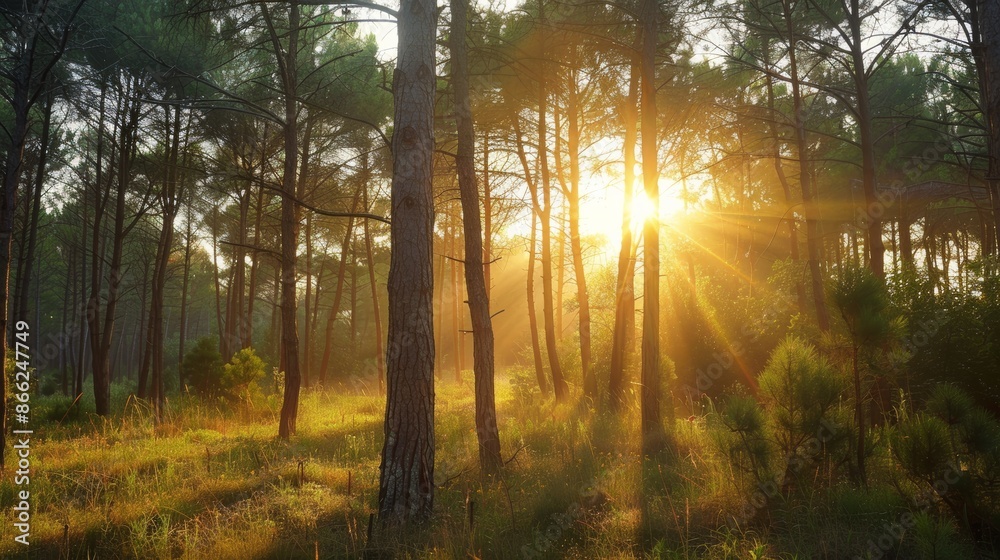 Sunlight shining through the branches of tall pine trees in a quiet forest, casting a peaceful glow Sunlight shining through the branches of tall pine trees in a quiet forest, casting a peaceful glow