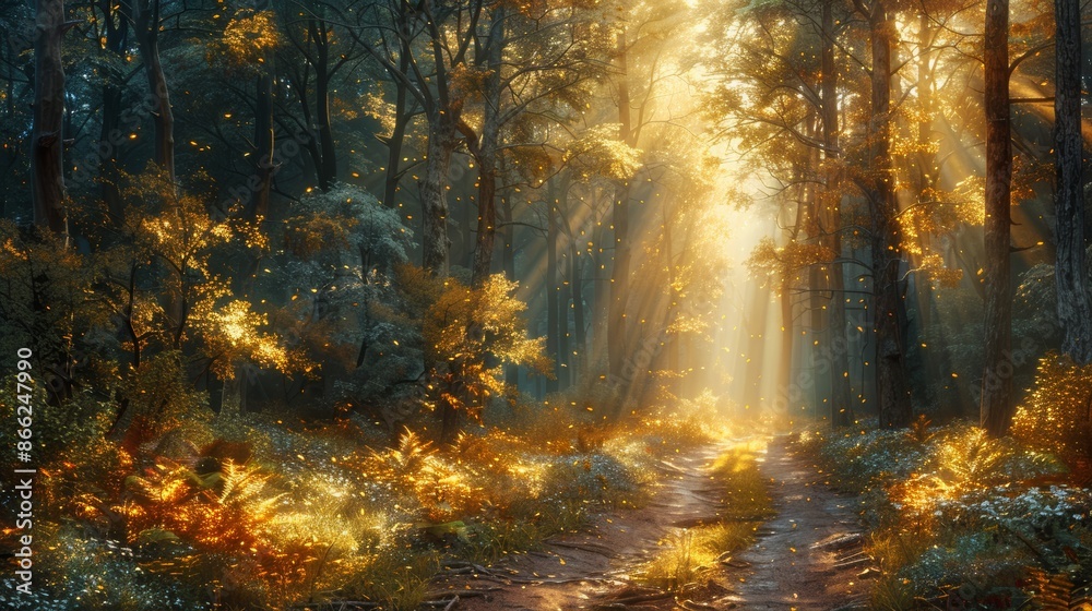 Sunlight streaming through a forest canopy, illuminating a narrow winding path. Sunlight streaming through a forest canopy, illuminating a narrow winding path.