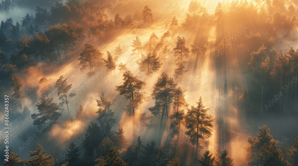 Sunrise in a fog-covered pine forest with a soft glow illuminating the mist Sunrise in a fog-covered pine forest with a soft glow illuminating the mist