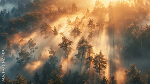 Sunrise in a fog-covered pine forest with a soft glow illuminating the mist