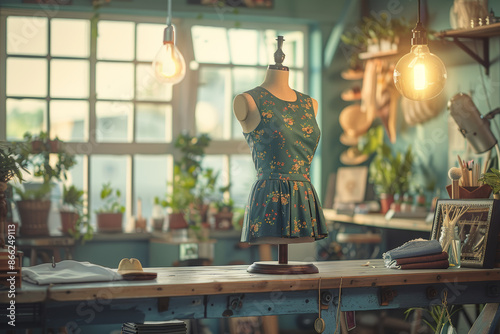 Vintage Dress on Mannequin in Cozy Workshop with Warm Lighting and Potted Plants