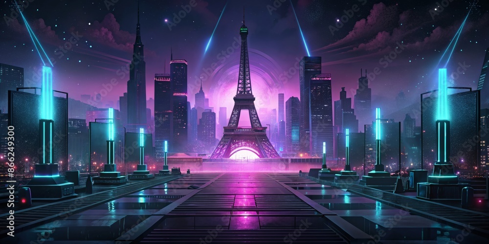 custom made wallpaper toronto digitalFuturistic Paris Nightscape with Neon Lights