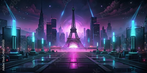 Futuristic Paris Nightscape with Neon Lights