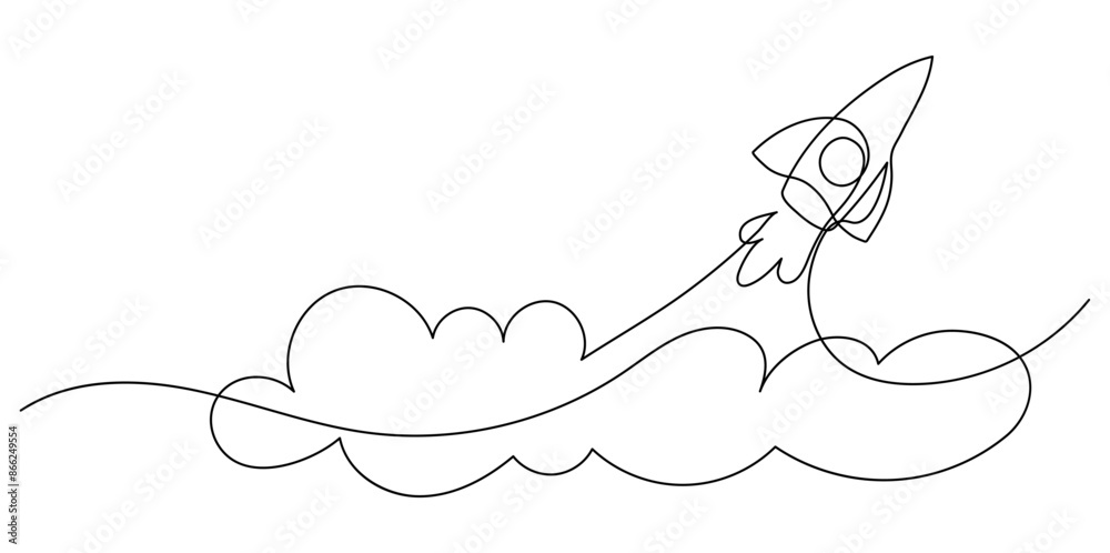 Starting rocket ship. Continuous line drawing. Starting rocket ship. Continuous line drawing.