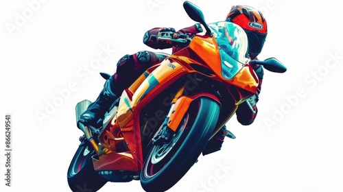 Biker rides a motorcycle, sport bike in bright colors, isolation on a white background.