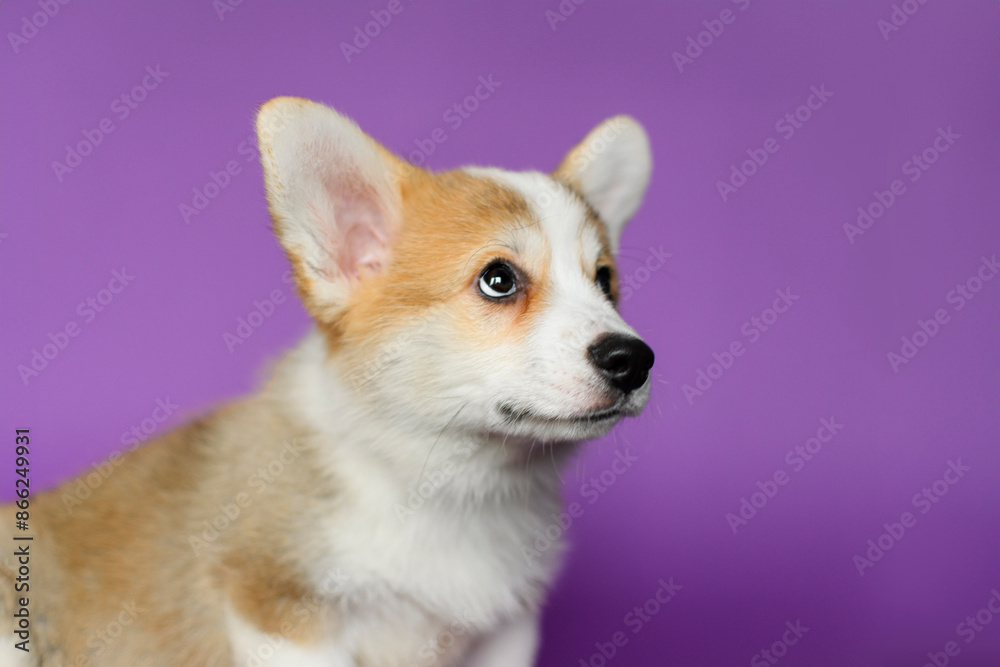 Close-up of a Corgi puppy’s face, looking attentively to the side with big ears and expressive eyes, set against a vivid purple background. Close-up of a Corgi puppy’s face, looking attentively to the side with big ears and expressive eyes, set against a vivid purple background.