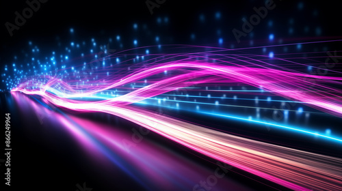 Abstract trail of neon pink and blue lights in high-speed motion, abstract backdrop
