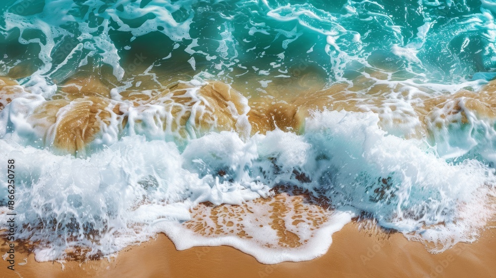 Turquoise waves crashing onto the shore with white foam and golden sand Turquoise waves crashing onto the shore with white foam and golden sand