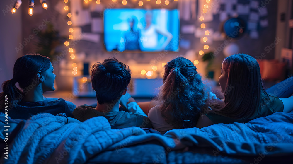 Obraz premium Group of young people gathered watching a movie at home. Back view. Concept: Share, bond