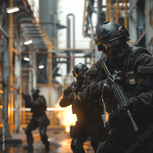 Special forces team in action during a military operation in an industrial setting, demonstrating tactical maneuvers and advanced equipment.