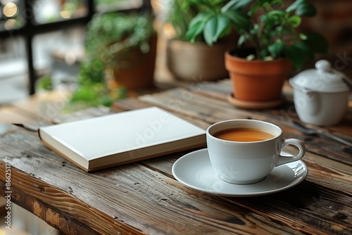 A Cup of Tea and a Book on a Wooden Table in a Cafe