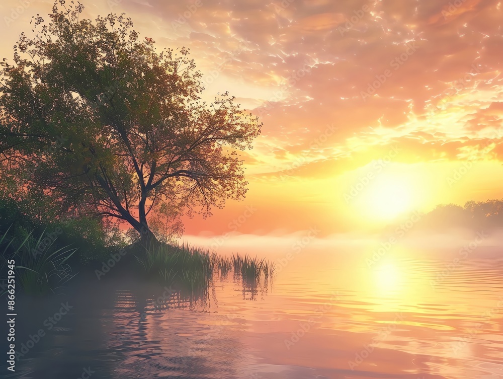 Beautiful sunrise over a serene lake with a lone tree and mist in the early morning, captured in warm, vibrant colors. Beautiful sunrise over a serene lake with a lone tree and mist in the early morning, captured in warm, vibrant colors.