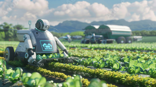 A futuristic farm with robots harvesting crops, showcasing the potential of automation in agriculture photo