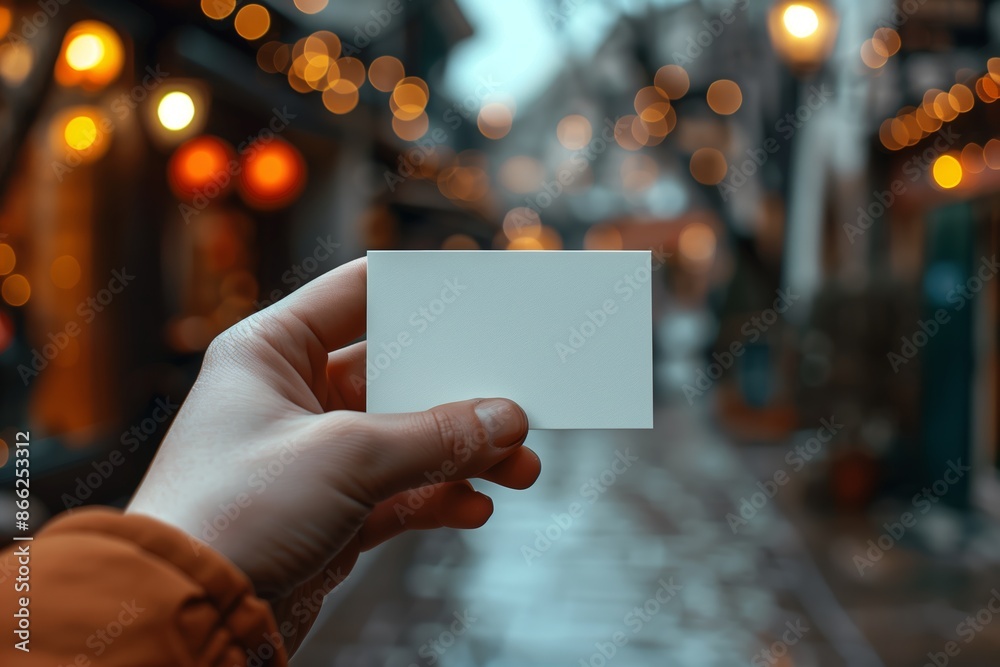 Blank Card Held Up in a City Street at Night Blank Card Held Up in a City Street at Night