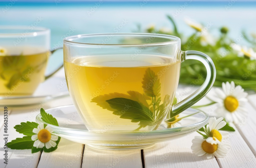 Chamomile herbal summer tea on white wooden table in kitchen. Healthy healing drink Chamomile herbal summer tea on white wooden table in kitchen. Healthy healing drink
