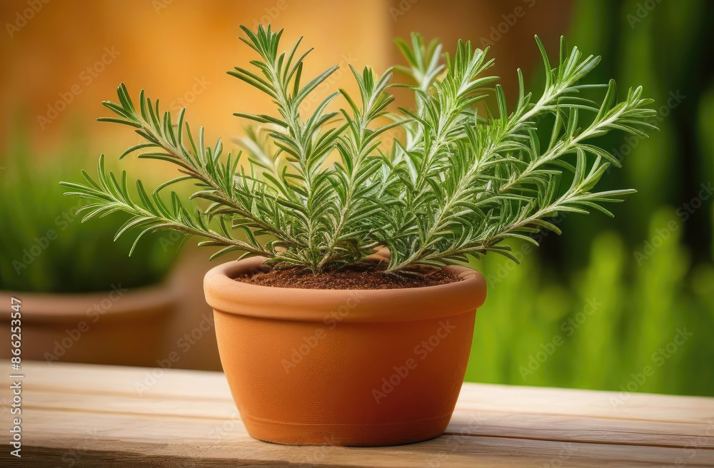 Fototapeta premium Rosemary bush growing in clay pot on wooden surface in garden outdoors. Ingredient and spice for cooking