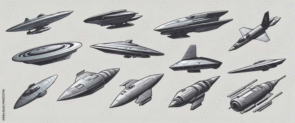 Collection of old scratched metal flying spaceship Collection of old scratched metal flying spaceship