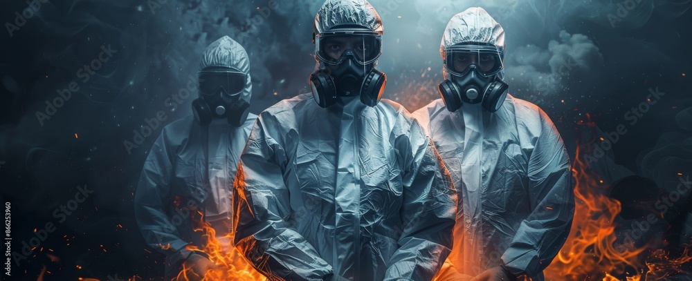 Fototapeta premium Group of people wearing hazmat suits and gas masks amidst fiery flames and smoke