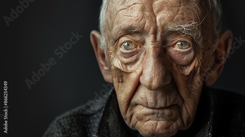 Close-up portrait of an elderly man with wrinkles and a thoughtful expression.