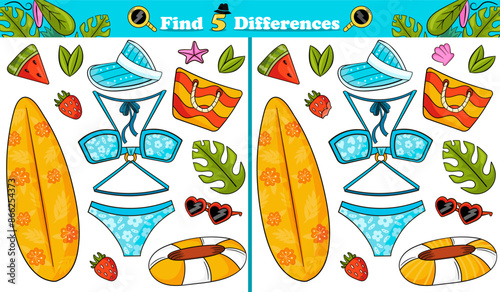 Find 5 differences game with cute blue beach swimsuit