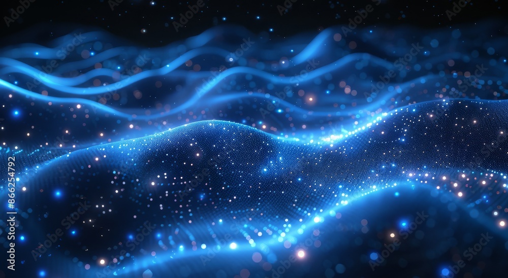 Fototapeta premium Dynamic blue dots background with digital wave pattern, gradient, and minimalistic style.