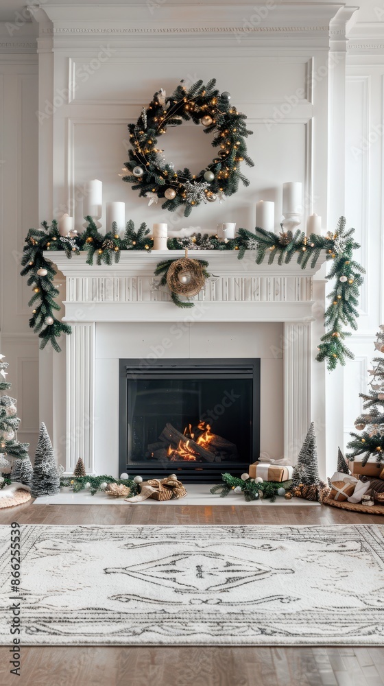 A white fireplace decorated for Christmas with a wreath and garland A white fireplace decorated for Christmas with a wreath and garland