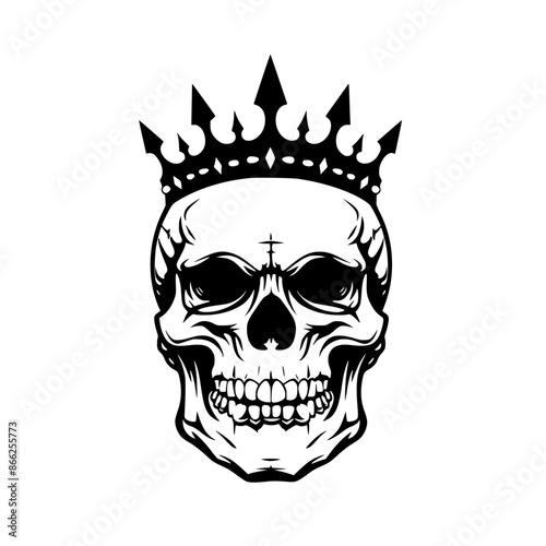 Skull with Royal Crown Illustration, Black and white illustration of a skull wearing a royal crown, symbolizing power and mortality in a bold graphic style.

