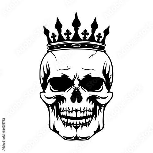 Skull with Royal Crown Illustration, Black and white illustration of a skull wearing a royal crown, symbolizing power and mortality in a bold graphic style.
