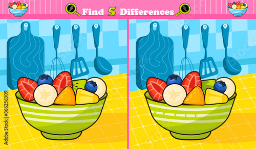 Colorful find 5 differences game cooking fruit salad on the kitchen