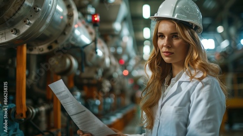 Smiling warehouse manager in safety vest and hard hat, Waist up portrait of mixed-race female worker posing confidently while standing with arms crossed in factory workshop,