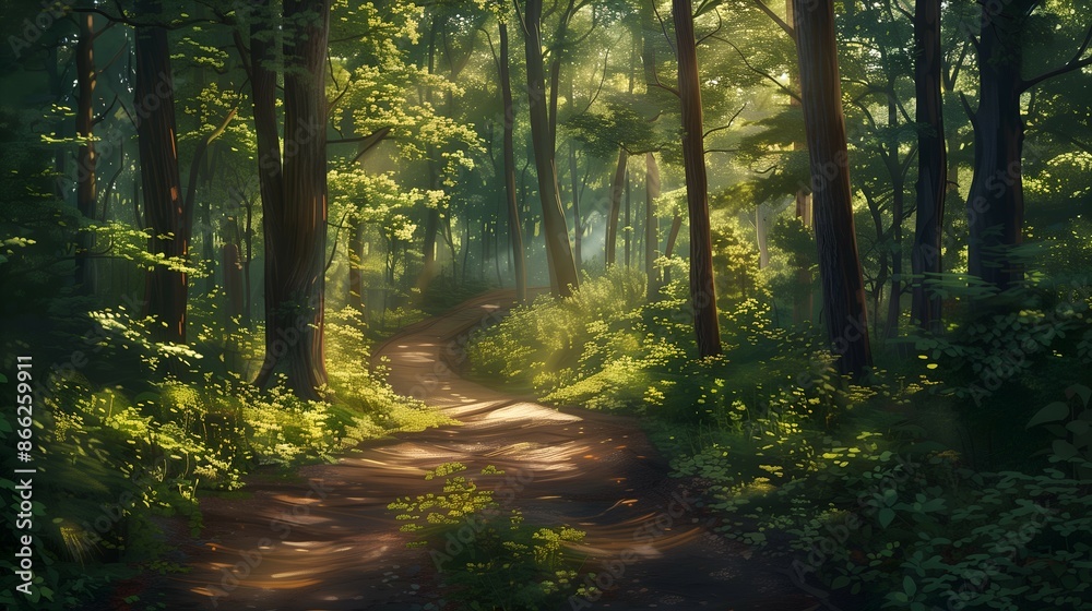 Sunlit Forest Path Winding Through Lush Green Trees Sunlit Forest Path Winding Through Lush Green Trees